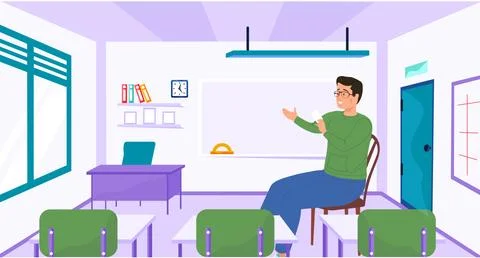 A man school worker, teacher in empty classroom at school workplace. Education Illustrazione stock