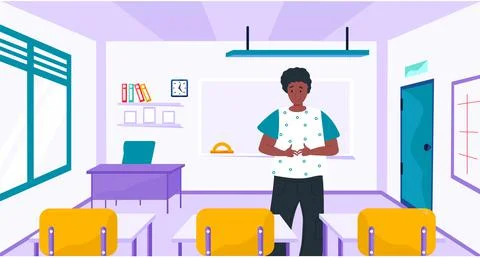 A man school worker, teacher in empty classroom at school workplace. Education 스톡 일러스트
