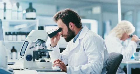 Man, scientist and microscope with sample at lab for study, medical researc.. Stock Photos