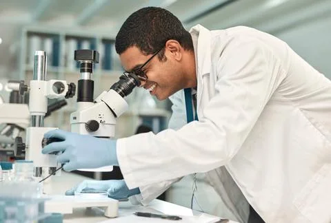 Man, scientist and research with microscope in lab for cure, studying sampl.. Stock Photos