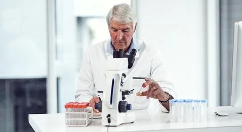 Man, scientist and tablet with test tube in lab for research, experiment no.. Foto stock