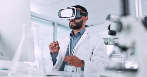 Man, scientist and VR or futuristic glas... | Stock Video | Pond5