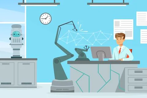 Man Scientist Conducting Experiment with Artificial Intelligence Assistance 스톡 일러스트