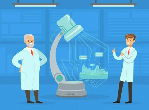 Man Scientist Conducting Experiment with Artificial Intelligence Assistance Illustrazione stock
