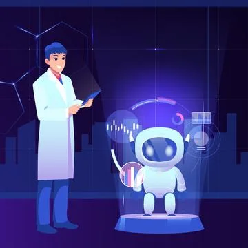 Man scientist with cute robot vector concept illustration Stock Illustration