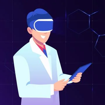 Man scientist experiencing virtual reality using headset Illustrazione stock
