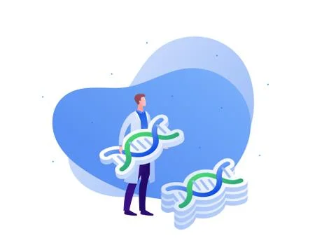 Man scientist in lab white coat holding blue and green color dna helix symbol Stock Illustration