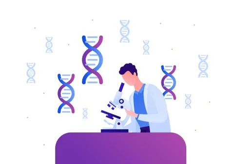 Man scientist in lab white coat with microscope on desk. DNA blue color sign Stock Illustration