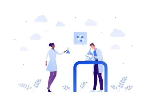 Man scientist with microscope and black african american woman with tube Stock Illustration