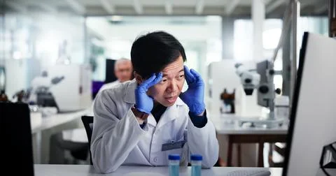 Man, scientist or computer in laboratory for mistake or scientific error or Stock Photos