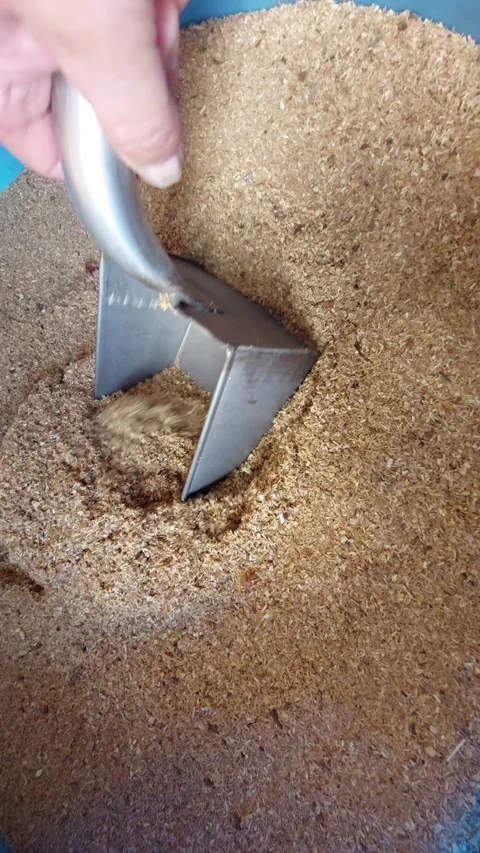 Man scooping dry animal feed or ground grain with a metal scoop close-up Vídeo Stock 335074801