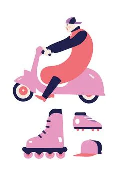 Man on a scooter - a set of flat vector illustrations Illustrazione stock