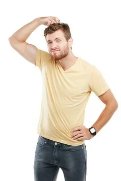 Man, scratch head and confused in studio portrait with thinking, doubt or c.. Stock Photos