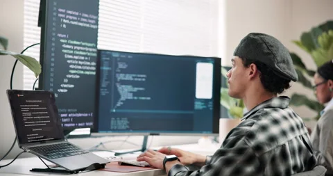 Man, screen and computer in office for coding, programming and update firewall Stock Footage 346758445