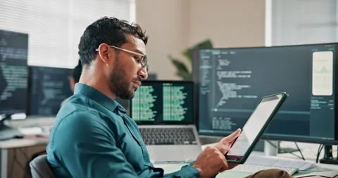 Man, screen and programming in office with tablet, research and system analysis Stock Footage 346958869