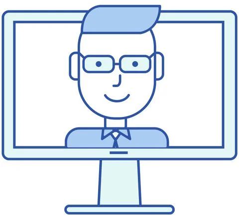 Man on screen conducts lesson or video call. Distance learning or online Illustrazione stock