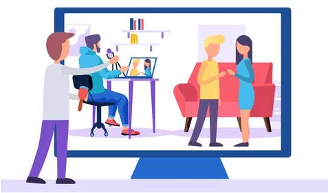 Man on screen is processing the video. Guy paints the monitor. People playing Stock Illustration