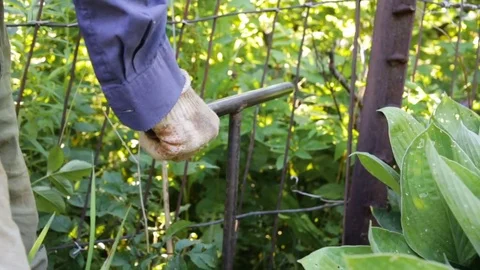 The man screwed in the ground a special tool. Bottom view, reduced impact. Auger Stock Footage 83000500
