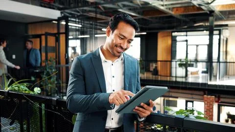 Man, scroll and tablet in office with sustainable business, research or hap.. Stock-Fotos