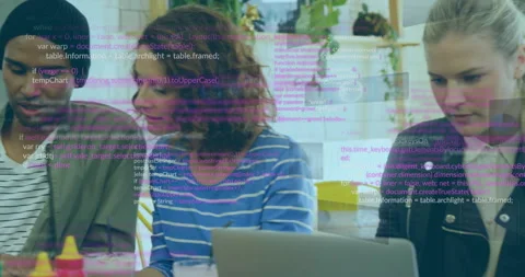 Man scrolling smartphone at cafe activating code overlay while colleagues typing Stock Footage 314849571