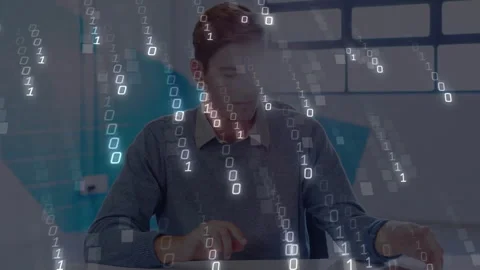 Man scrolling tablet and initiating binary overlay while reviewing papers in Stock Footage 311046911
