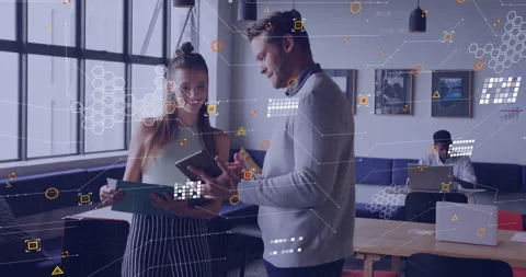 Man scrolling tablet driving data overlays while girl gesturing folder reviewing Stock Footage 314172770