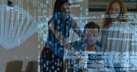 Man scrolling tablet, initiating DNA helix graphic as colleagues pointing, Stock Footage 326881753