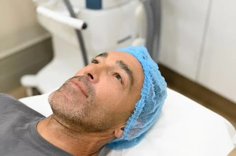Man in scrub cap lying on bed at aesthetic clinic Stock Photos