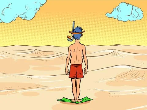 A man in a scuba diving mask stands in front of the desert sands, there is no Illustrazione stock