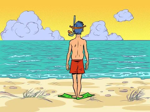 A man in a scuba mask is preparing to dive, standing on the seashore of the Stock Illustration