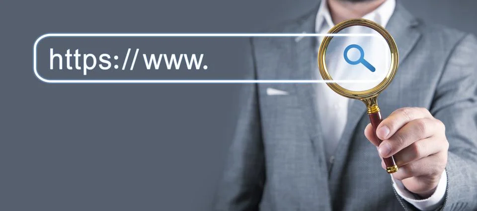 Man search https address. Internet search concept Stock Photos