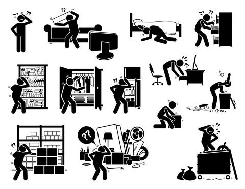 Man searching and finding lost things. Vector illustrations of stick figure s Stock-Illustration