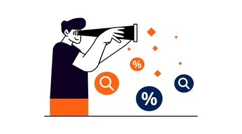 Man searching data trends with telescope illustration, Flat vector of charact Stock Illustration