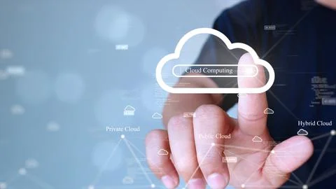 A man is searching for information on cloud computing technology to use. Touc 스톡 사진