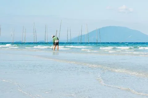 Man searching small shell from the beach Stock Photos