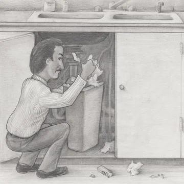 Man Searching Through a Kitchen Cabinet Garbage Can Under the Sink Stock Illustration