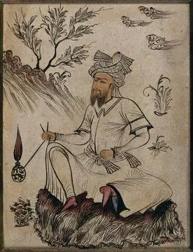 A man seated, holding a string attached to a winged sphere. Coloured brush .. Stock Illustration