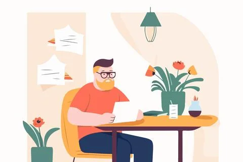 Man seated at home table, examining correspondence. Bespectacled male revie.. Illustrazione stock