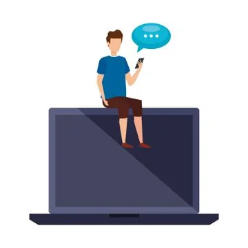 Man seated in laptop using smartphone with speech bubble Illustrazione stock