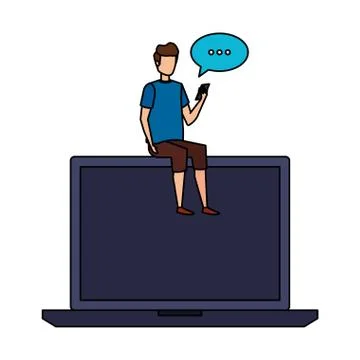 Man seated in laptop using smartphone with speech bubble Illustrazione stock