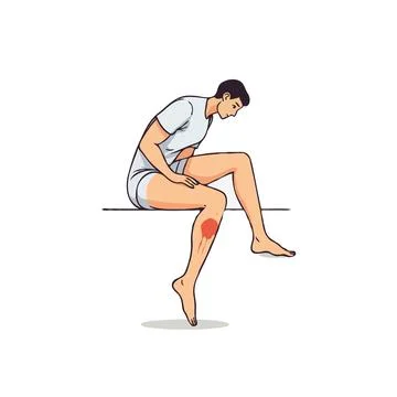 Man seated on ledge displaying knee injury with visual representation of pa.. Illustrazione stock