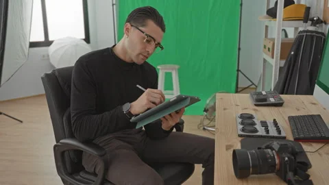 Man seated using tablet and stylus, hand holding device beside camera and l.. 库存影片 337436265