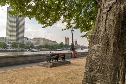 Man seating in a bench at the river Thames path Stock Photos