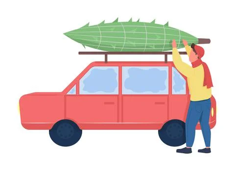 Man secures tree on car semi flat color vector character Stock Illustration