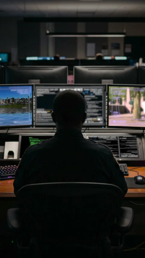 Man in security control room vertical Stock Footage 345741455
