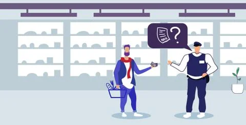 Man security guard checking payment bill male customer holding shopping basket Stock Illustration