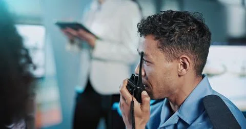 Man, security guard or talking with radio for safety measure or protection .. Stock Photos