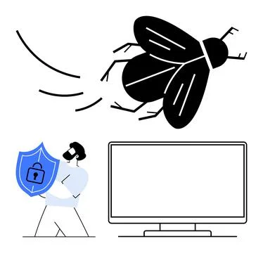 Man with Security Shield Protecting Against Giant Bug Next to Computer Moni.. Illustrazione stock