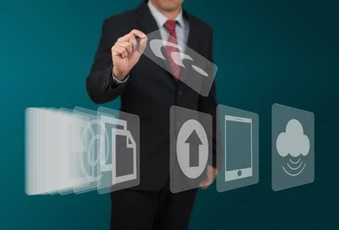 Man select computer icon on touch screen Foto stock