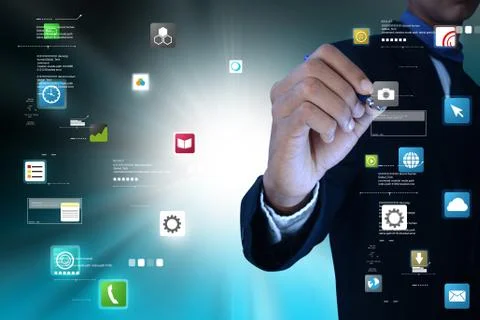 Man selecting mobile application Stock Illustration